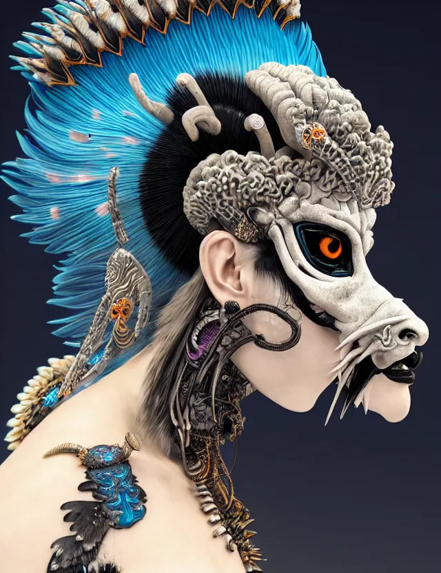 Image similar to 3 d goddess close - up profile portrait punk with mohawk with ram skull. beautiful intricately detailed japanese crow kitsune mask and clasical japanese kimono. betta fish, jellyfish phoenix, bio luminescent, plasma, ice, water, wind, creature, artwork by tooth wu and wlop and beeple and greg rutkowski