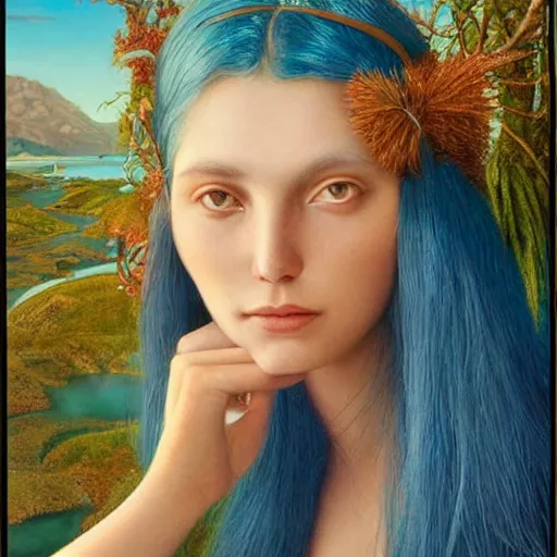 Image similar to A beautiful portrait of a woman with iridescent skin by James C. Christensen, scenic environment and blue hair