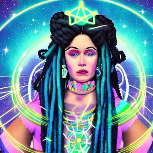 Image similar to princess intergalactica, nautical siren, queen of heaven, techno mystic goddess, with aqua neon dreadlocks, wearing haute couture, star - gate of futurisma,