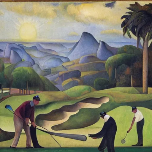 Image similar to Three golfers on a beautiful golf course, by Diego Rivera