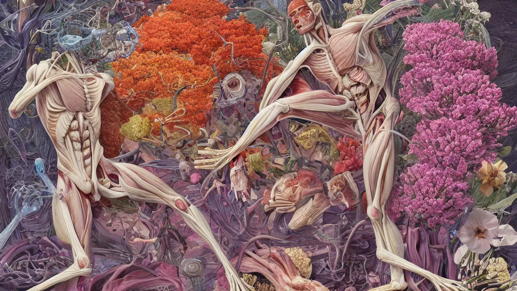 Image similar to highly detailed illustration of a human anatomy body exploded by all the known species of flowers by juan gatti, by makoto shinkai, by moebius!, by oliver vernon, by joseph moncada, by damon soule, by manabu ikeda, by kyle hotz, by dan mumford, by kilian eng