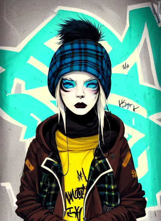 Image similar to highly detailed portrait of a sewer punk lady student, blue eyes, tartan hoody, hat, white hair by atey ghailan, by greg tocchini, by kaethe butcher, gradient yellow, black, brown and cyan color scheme, grunge aesthetic!!! ( ( graffiti tag wall ) )