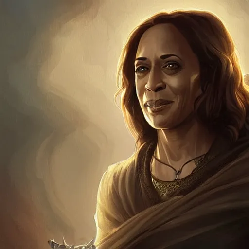 Prompt: kamala harris in game of thrones, highly detailed digital painting, artstation, concept art, smooth, sharp focus, illustration, art by artgerm and greg rutkowski and alphonse mucha