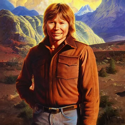 Image similar to ultra realistic portrait painting of john denver in west virginia with a nuclear explosion in the background,, art by frank frazetta, 4 k, ultra realistic, highly detailed, epic lighting