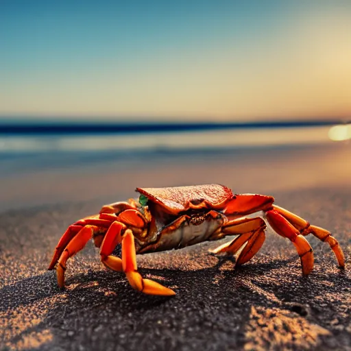 Image similar to a happy crab holding a beer in a beach, golden hour, bokeh, 4k