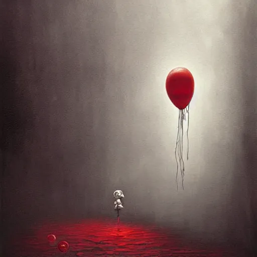 Image similar to grunge painting of a waterfall with a wide smile and a red balloon by Zdzisław Beksiński, loony toons style, pennywise style, corpse bride style, creepy lighting, horror theme, detailed, elegant, intricate, conceptual, volumetric light