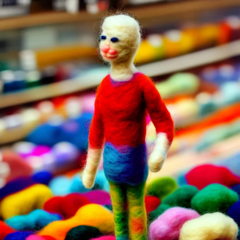 Image similar to needle felted person at supermarket, highly detailed, tilt shift, cute, hyperrealism, highly textured, god rays