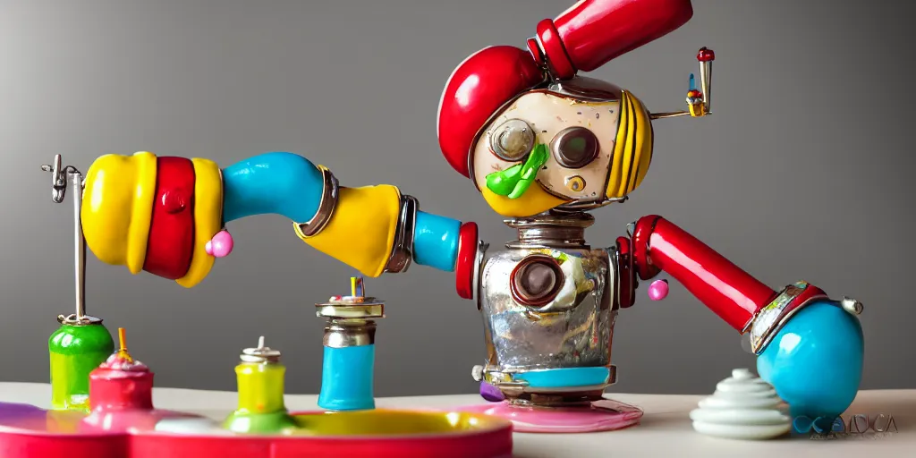 Prompt: closeup portrait of tin toy retro pastry chef robot mixing colourful chemicals and cooking pastry cake in a kitchen, depth of field, zeiss lens, detailed, centered, fashion photoshoot, by nicoletta ceccoli, mark ryden, lostfish, breathtaking, 8 k resolution, extremely detailed, beautiful, establishing shot, artistic, hyperrealistic, octane render