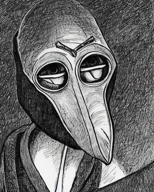 Prompt: a plague doctor holding his mask, mask in hand, black robes, detailed art by greg rukowtski