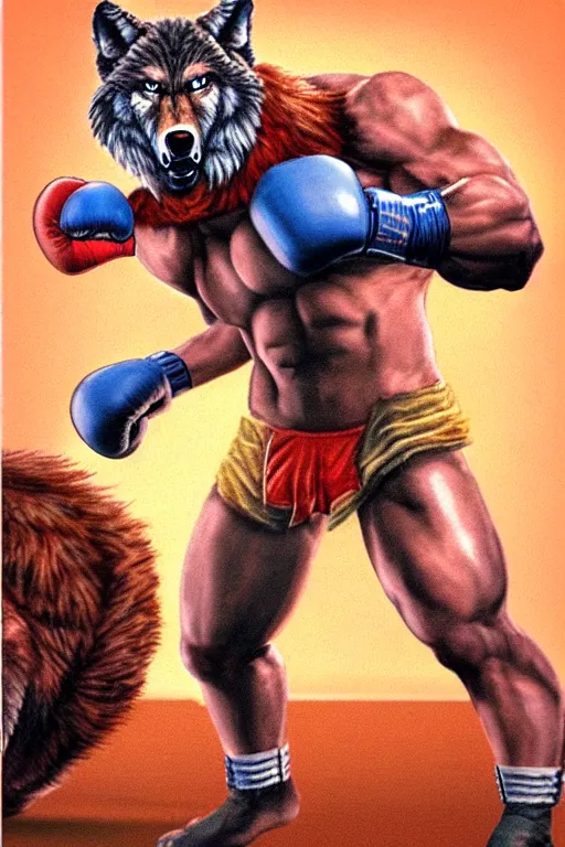 Prompt: extreme long shot. 8 bit nes graphics. antropomorphic muscular masculine wolf. kickboxer fighter, in shorts. wolf head. furr on body. like game contra.