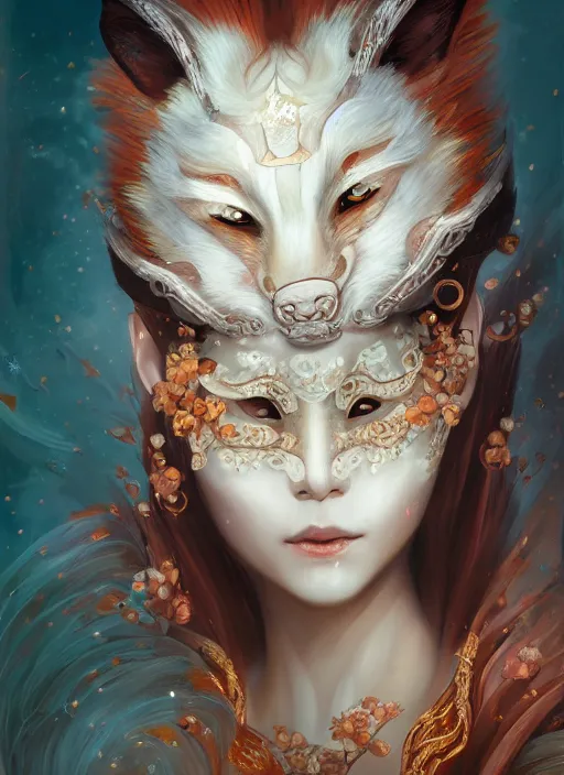 Prompt: a beautiful detailed oil on copper art illustration of a japanese kitsune mask woman, centered, by charlie bowater, zeng fanzh, trending on artstation, dim dusk lighting, cinematic lighting, detailed lighting, volumetric lighting, realistic, f 8, 4 k hd wallpaper