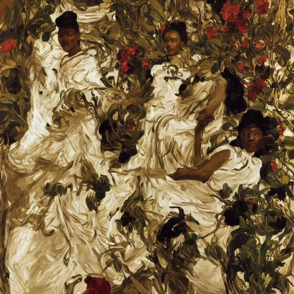 Image similar to high quality high detail painting by lucian freud, jenny savile, ilya repin and john singer sargent, black woman in a white room with many plants, intricate costume design, orientalist, partially gold, ornate, elite, luxury, hd