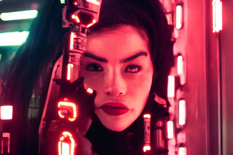 Image similar to cinematography closeup portrait of a cyborg woman in a cyberpunk apartment, neon lighting, night, by Emmanuel Lubezki