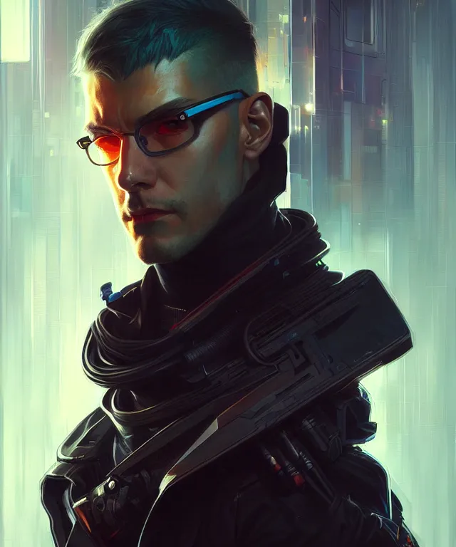 Image similar to Hacker cyberpunk man portrait, highly detailed, digital painting, artstation, concept art, smooth, sharp focus, illustration, art by artgerm and greg rutkowski and alphonse mucha