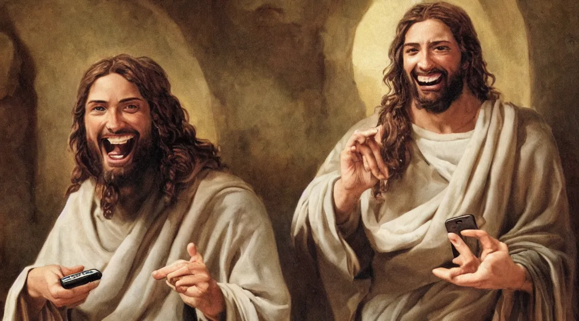 Image similar to portrait of jesus laughin because see a meme in him cellphone, no letters
