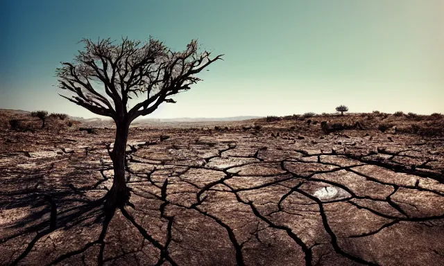 Image similar to medium shot of a crying ancient dried up Danu, peaceful, facing the camera and standing in front of a dried up river in a desolate land, dead trees, blue sky, hot and sunny, highly-detailed, elegant, dramatic lighting, artstation, 4k, cinematic landscape, photograph by Elisabeth Gadd