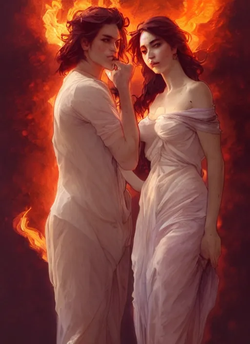 Image similar to a couple made of fire and smoke, full body view, beautiful high quality realistic fantasy art, trending on artstation by artgerm and greg rutkowski and alphonse mucha