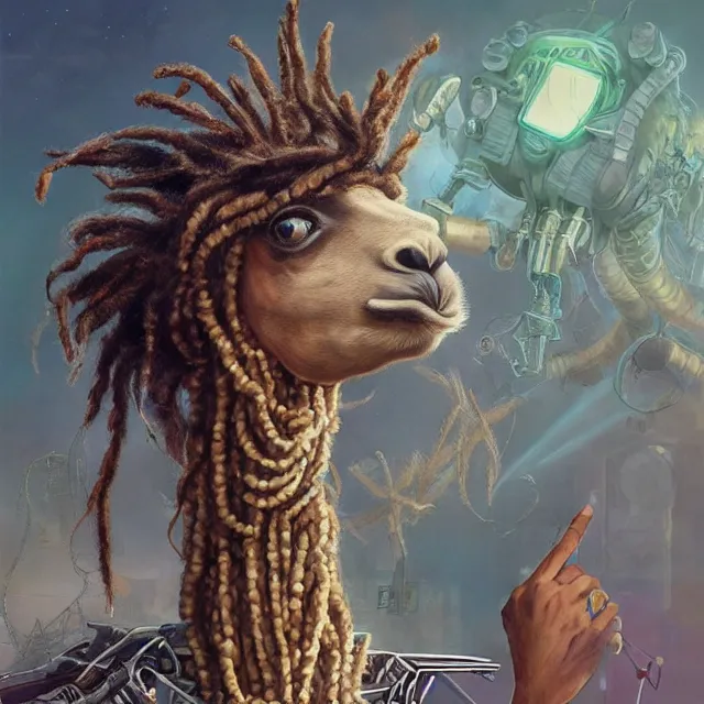 Image similar to llama with dreadlocks, industrial scifi, by mandy jurgens, ernst haeckel, artgerm, james jean