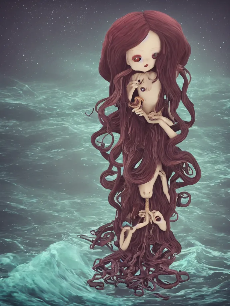 Prompt: cute fumo plush gothic octopus maiden alien girl combing her hair in the waves of the dark galactic abyss, tattered ragged gothic dress, ocean waves and reflective splashing water, ocean simulation, vignette, vray