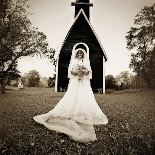 Prompt: picture of ghostly bride in front of an old wooden white church, 1 9 th century southern gothic scene, taken by crewdson, gregory