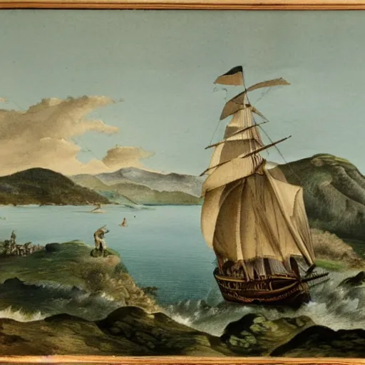 Image similar to Capitain Cook arriving in the bay of islands on the HMS Endeavour amongst dense New Zealand coastal forest, 1769 New Zealand, in the style of a Charles Emilius Gold watercolor