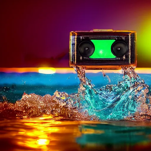 Prompt: 4 k somy a 7 wide angle photo boombox speaker half submerged in water with a wave rolling over it in hawaii at dusk with neon lighting