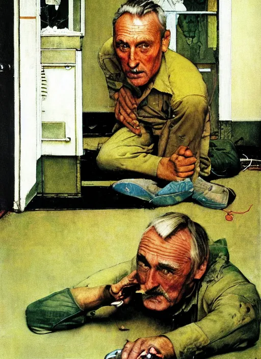 Prompt: dennis hopper crawling around on the floor of a dingy apartment, painted by norman rockwell and frank schoonover, green, dystopian