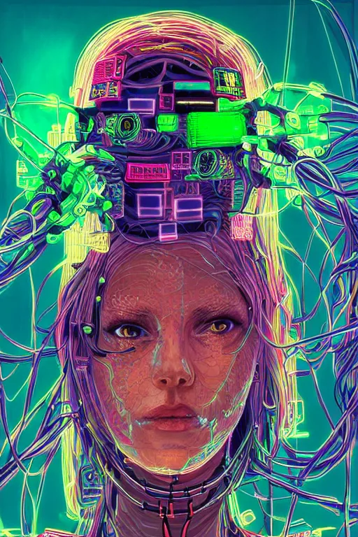 Prompt: stunning highly detailed portrait of a neuromancer Women with long hair with cyber headgear surrounded by wires, neon colors, oil on canvas, strong lighting, by Josan Gonzalez, HD, 4K