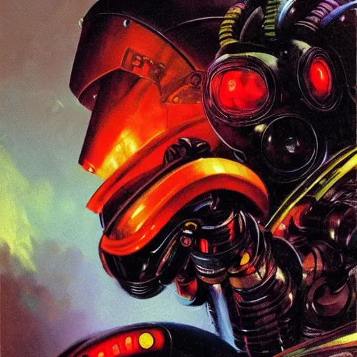 Prompt: a dark and colorful close - up side profile portrait of a sci - fi mecha robot with led lights glowing fog in the background. highly detailed science fiction painting by norman rockwell, frank frazetta, and syd mead. rich colors, high contrast, gloomy atmosphere, dark background. trending on artstation