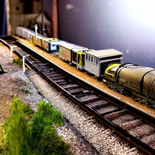 Prompt: a detailed photo of a railway diorama, zoom, model trees, table, studio lighting