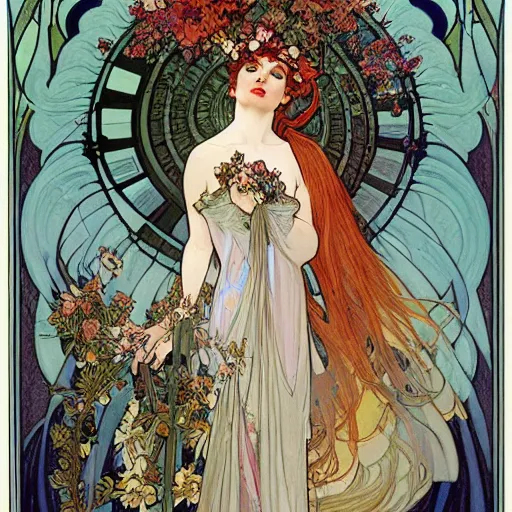 Image similar to persephone as goddess of death, flowers, dark, evil, painted by alphonse mucha