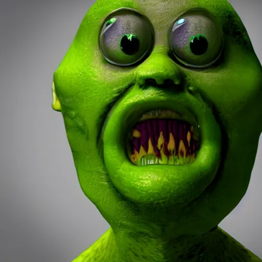 Image similar to a film still from a horror movie featuring a lime monster, scars on his face, 3 d render, blender