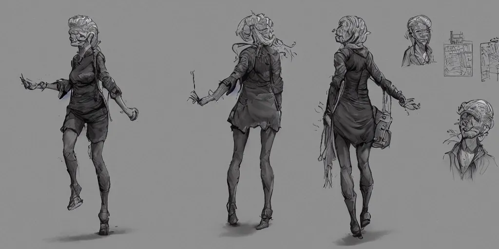 Image similar to nice old lady running down a dream, character sheet, fine details, concept design, contrast, brigitte bardot, kim jung gi, greg rutkowski, trending on artstation, 8 k, full body, turnaround, front view, back view, ultra wide angle