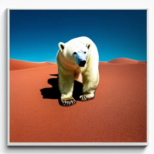 Prompt: multicolor photo of polar bear sits in the sahara desert by steve mccurry created at modern world in 4 k ultra high resolution and with medium shot, with funny feeling