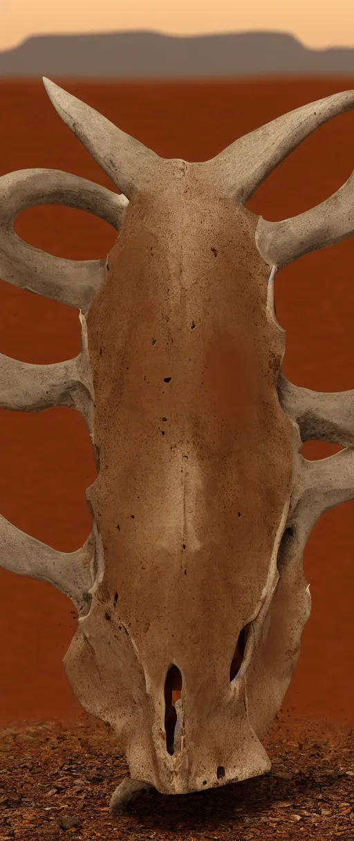 Prompt: a cow skull in the middle of a scolding desert, realistic, 4 k, ultra detail, rocky desert, cow skull, hot, orange soil