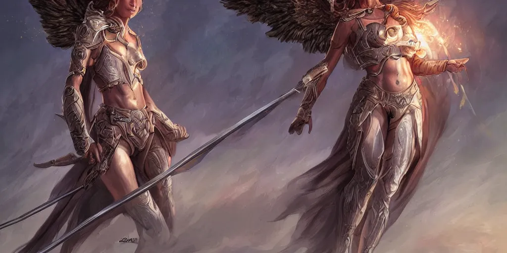 Image similar to female angel warrior. digital art, detailed by magali villeneuve