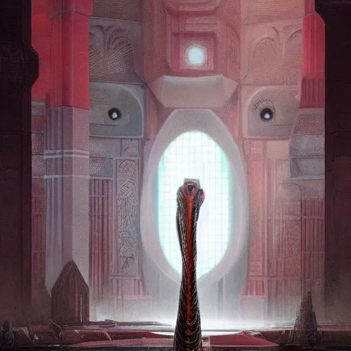 Image similar to portrait of tall, long-necked lipless mutant with scaled face and serpent eyes wearing gauze toga and standing in cyberpunk art deco mosque, alien bestiary by Barlowe, Greg Rutkowski, and Yoshitaka Amano