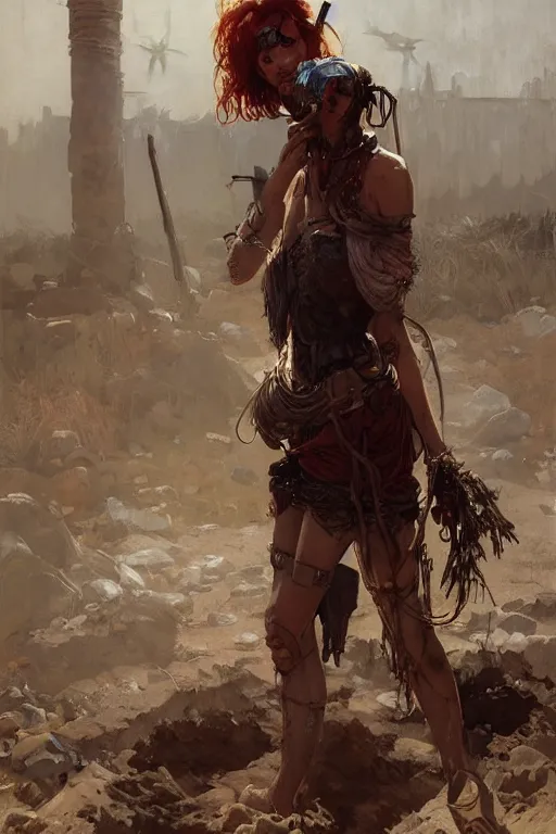 Image similar to a full body portrait of a beautiful post apocalyptic offworld butchers district bedouin blind pulp fiction scarlet wild rogue barbarian leper begging by the roadside, intricate, elegant, highly detailed, digital painting, artstation, concept art, smooth, sharp focus, illustration, art by krenz cushart and artem demura and alphonse mucha