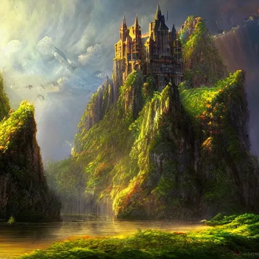 Image similar to a castle with alot of vegetation casper david friedrich raphael lacoste vladimir kush leis royo volumetric light effect broad light oil painting painting fantasy art style sci - fi art style realism artwork unreal engine