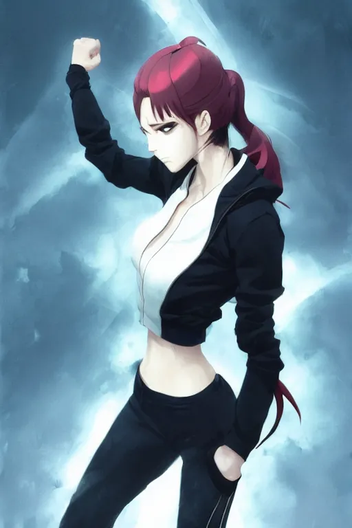 Prompt: black ponytail hair, pale woman in a black zipper jacket, yellow eyes, by artgerm, hair tied in a ponytail, white backdrop, soft lighting, fighting pose, by greg rutkowski makoto shinkai takashi takeuchi