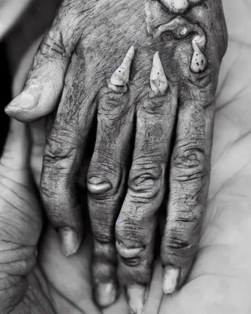 Image similar to photo of an open human hand with five fingers, in the palm a creepy old human face with eyes and a mouth, vampire hunter d, countenanced carbuncle