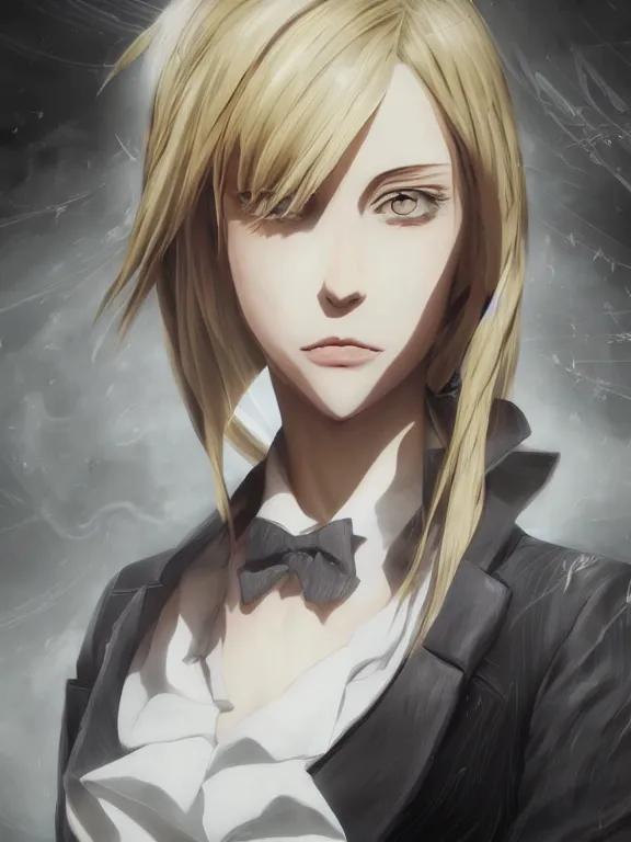 Prompt: anime illustration of annie leonhart wearing an elegant tailcoat, au naturel, hyper detailed, digital art, trending in artstation, cinematic lighting, studio quality, smooth render, unreal engine 5 rendered, octane rendered, concept art, smooth, sharp focus, illustration, art by lise deharme and james c. christensen