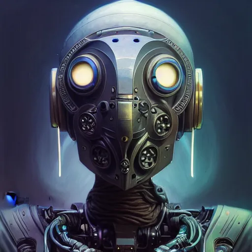 Image similar to low angle shot of a cyberpunk gazmask robot character, intricate, elegant, highly detailed, centered, digital painting, artstation, concept art, smooth, sharp focus, illustration, artgerm, Tomasz Alen Kopera, Peter Mohrbacher, donato giancola, Joseph Christian Leyendecker, WLOP, Boris Vallejo