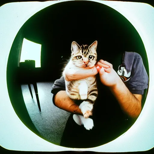 Image similar to photo fisheye lens of rapper holding a kitten, 1 9 9 0 s, full - hd