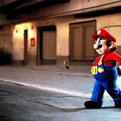 Image similar to Danny DeVito as Super Mario, cinematic, Wide-shot, atmospheric lighting, directed by Quentin Tarantino, movie still