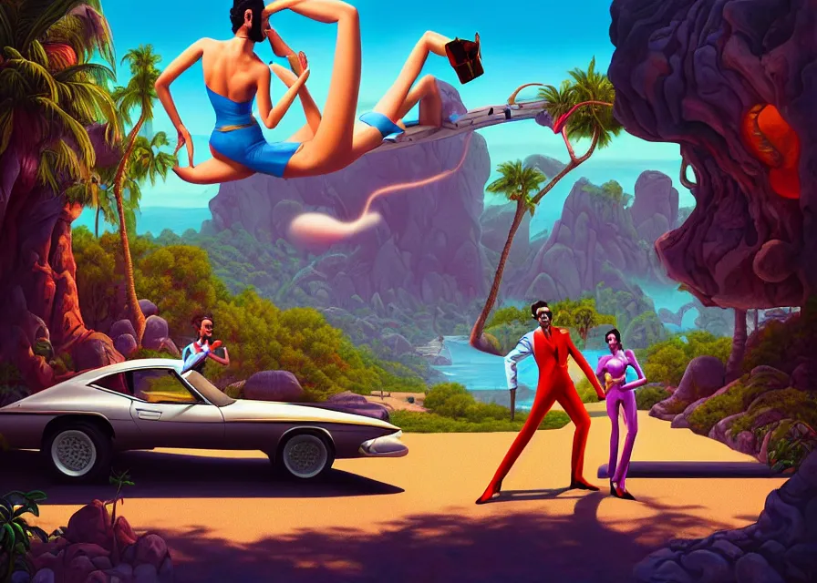 Image similar to leisure suit larry in the land of lounge lizards, a digital rendering of scenes from the sierra video game by michael flohr, inspired by tom bagshaw, instagram contest winner, futurism, matte painting, outrun, terragen