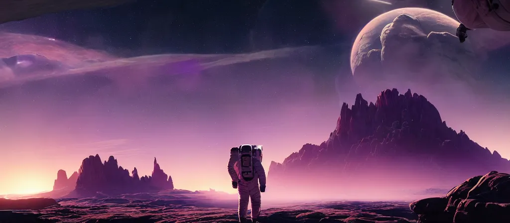 Prompt: one astronaut on purple crystal, beautiful dynamic lighting, cinematic, wide angle establishing shot, extremely high detail, photo realistic, cinematic lighting, post processed, concept art, artstation, matte painting, style by frederic church, raphael lacoste, unreal engine 8 k, roger deakins