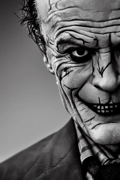 Prompt: photo of Bryan Cranston as the Joker by Lee Jeffries and stanley lau, detailed, award winning, Sony a7R, trending on artstation