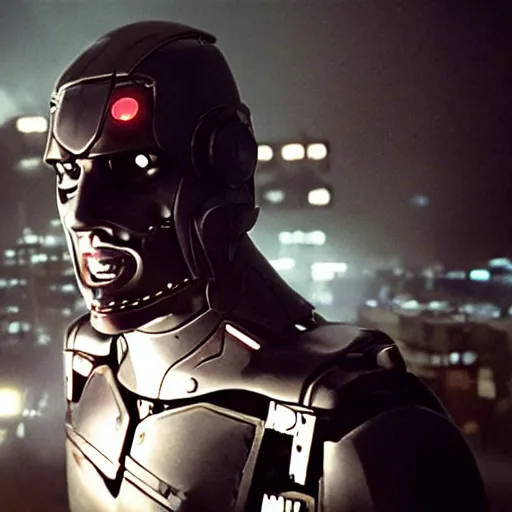 Prompt: movie still of a villain cyborg, facial expression, cinematic composition, cinematic light, by edgar wright and david lynch,