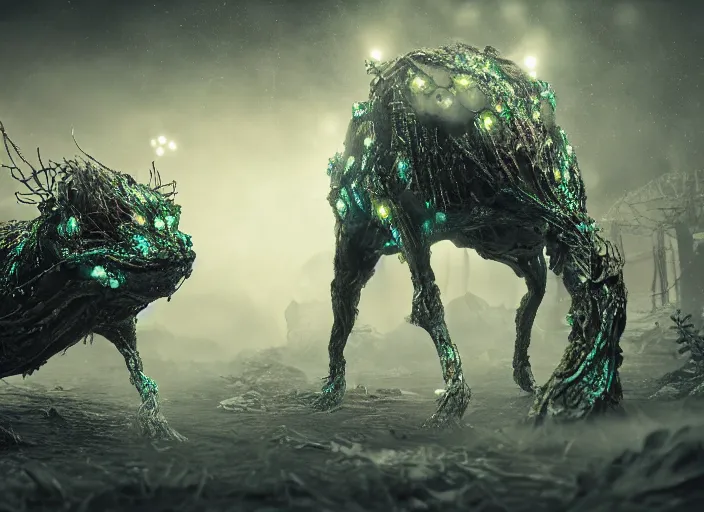 Image similar to detailed bioluminescence nightmare Chernobyl mutated animal in full intricate detail, ultra detailed, digital art, octane render, 4K, dystopian, micro details